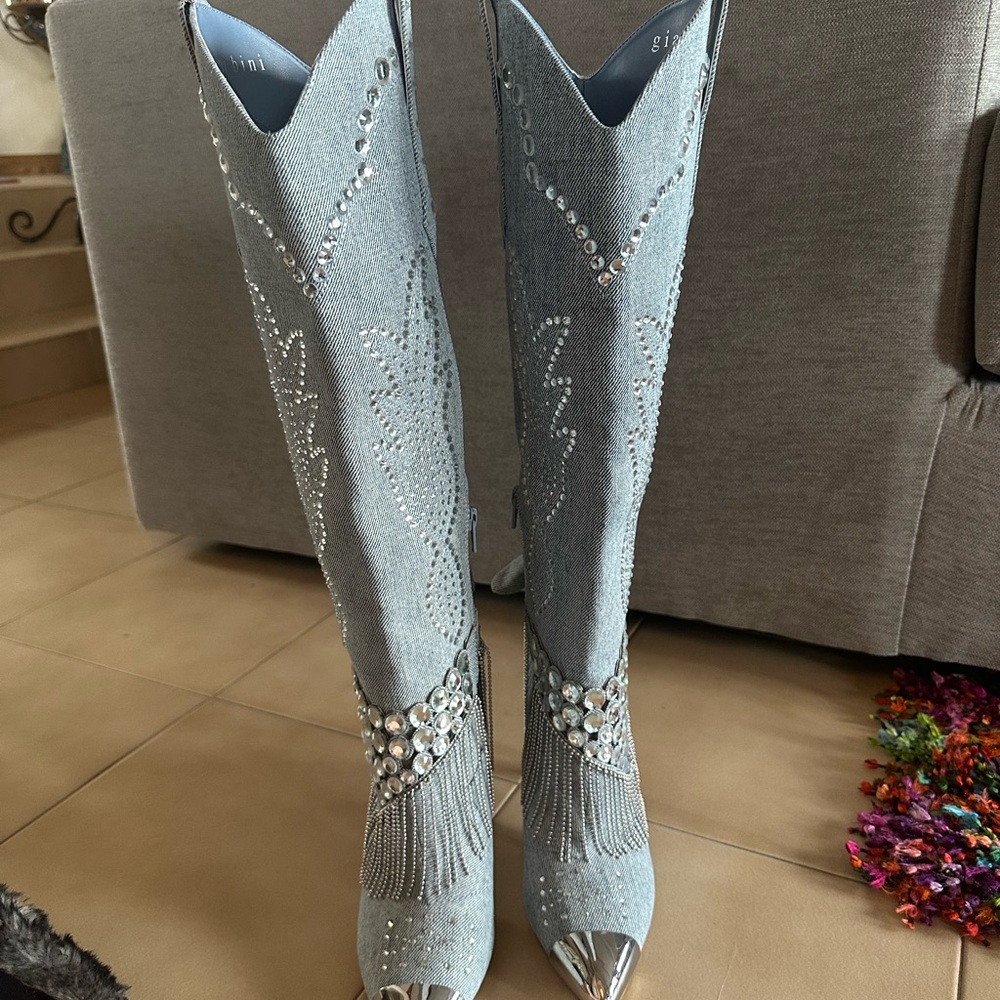 Gianni Bini Silver Heeled Boots with Rhinestone Detailing